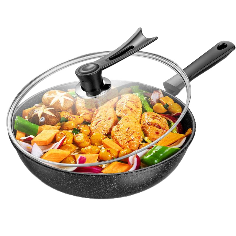 麦饭石不粘锅炒锅铁锅多功能烘焙精灵炒菜锅电磁炉平底锅家用适用锅 32cm红色带盖+蒸笼(加厚升级款)