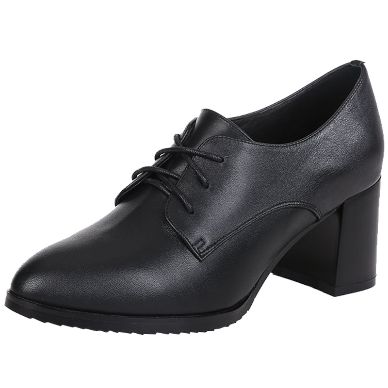 森林公主女鞋尖头高跟鞋女粗跟单鞋绑带通勤工作鞋时尚百搭英伦小皮鞋