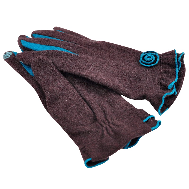 乐为女士触屏手套秋天冬季薄款花朵分指羊毛手套保暖电容纯色户外简约 L12FD156