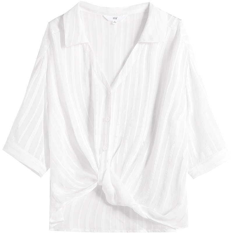 OSA欧莎雪纺衬衫女2019新款夏女条纹空调衫设计感小众白色衬衣