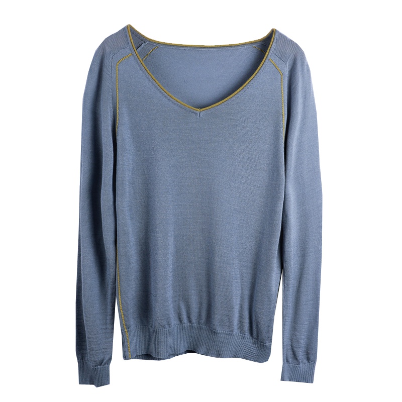 恒源祥女士羊毛针织衫秋薄款低V领女套头时尚宽松百搭针织衫打底上衣