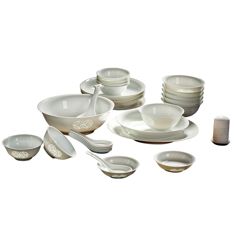 古镇陶瓷景德镇中式组合餐具套装碗盘家用简约北欧个性创意陶瓷碗30头餐具双钱