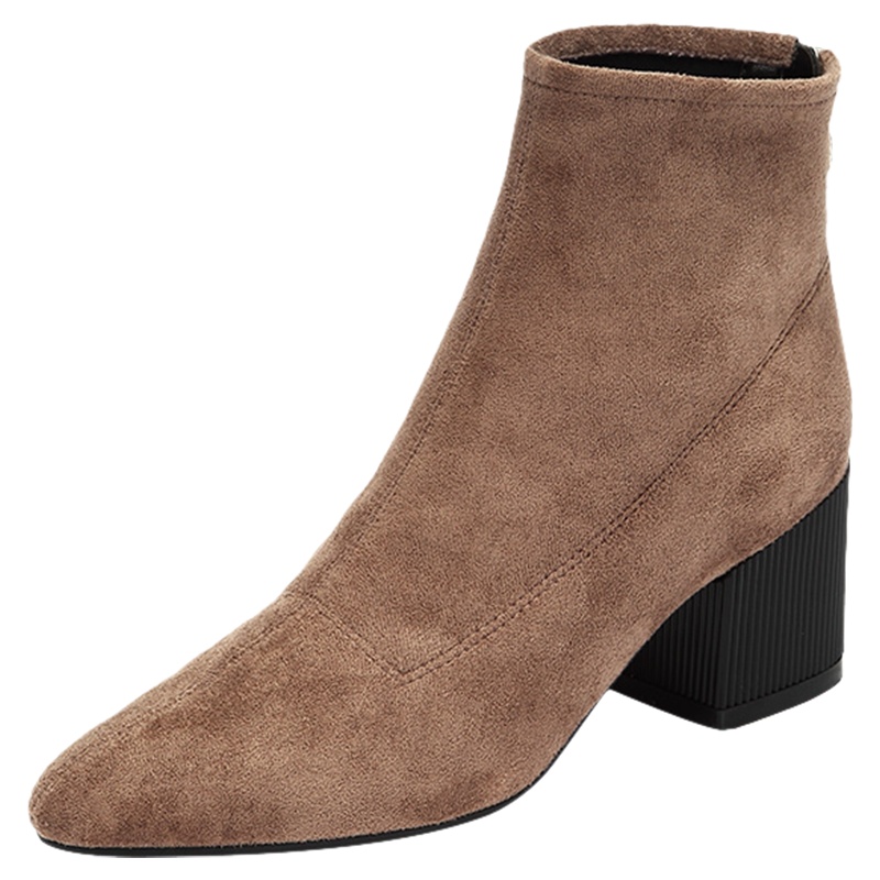 达芙妮冬新款尖头绒面粗跟袜靴女中跟短靴