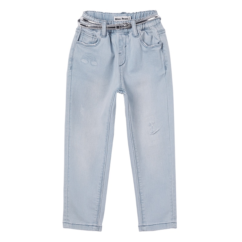 minipeace太平鸟女童针织牛仔裤浅色显瘦儿童休闲长裤春新款