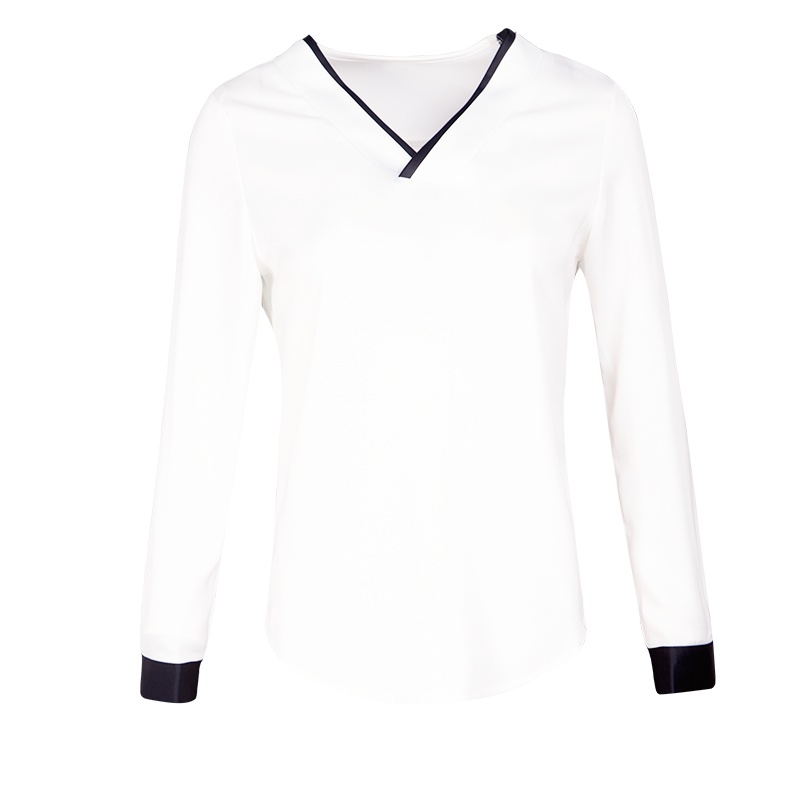 晚白女上装2019春季新款纯色撞色知性V领职业通勤上衣长袖衬衫