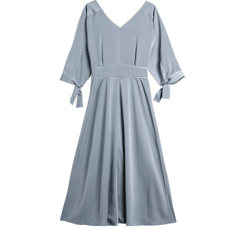 OSA欧莎V领开叉连衣裙2019夏新款女装时尚气质职业中长款裙子