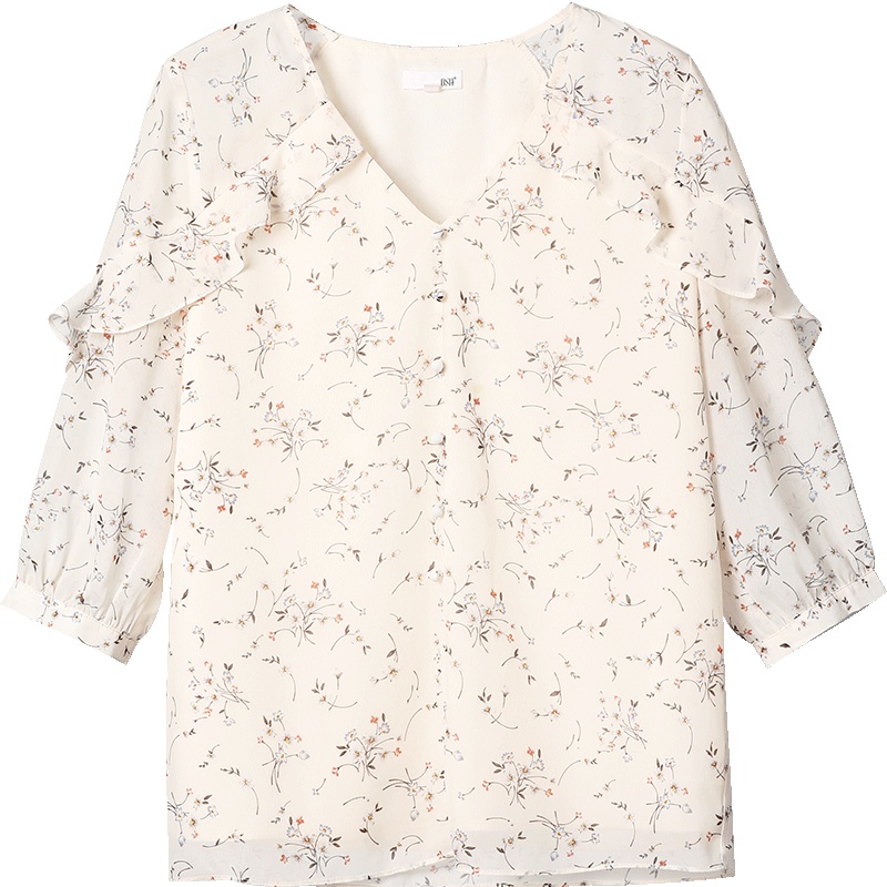 OSA欧莎2019夏季新款女装 洋气V领小衫打底衫碎花雪纺衫女