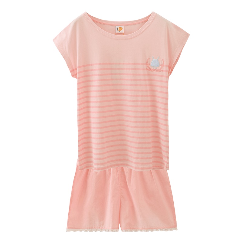 都市丽人简约撞色条纹舒适圆领修身薄款休闲女士家居服套装BH7203