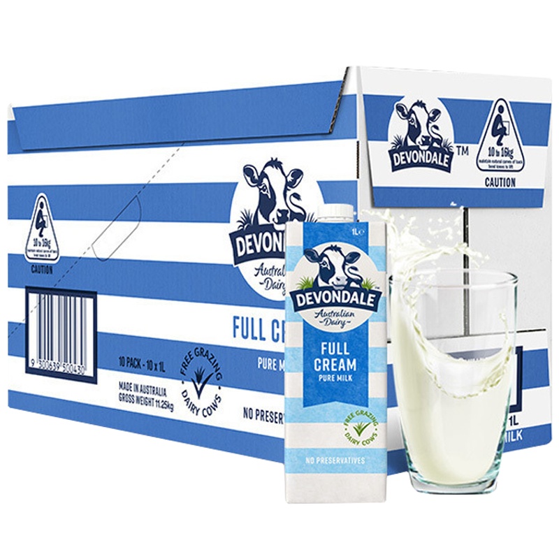 [家庭分享装]德运(Devondale)全脂高钙纯牛奶 1L*10盒 进口牛奶 UHT 学生牛奶 箱装奶
