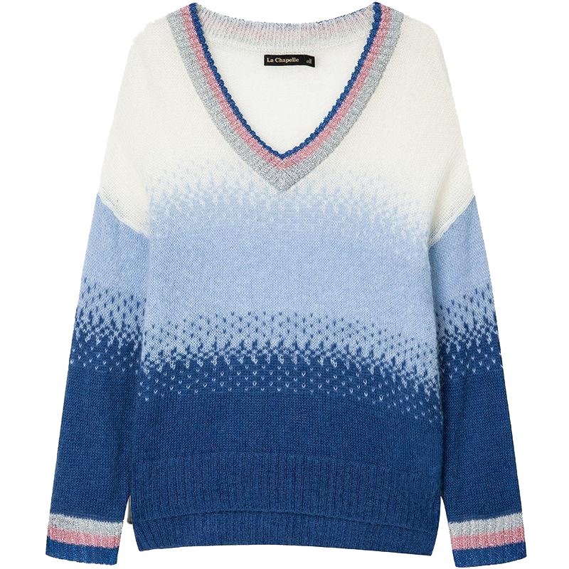 上新拉夏贝尔v领毛针织衫女秋冬新款亮丝成熟风时尚宽松毛衫薄款毛衣10018189