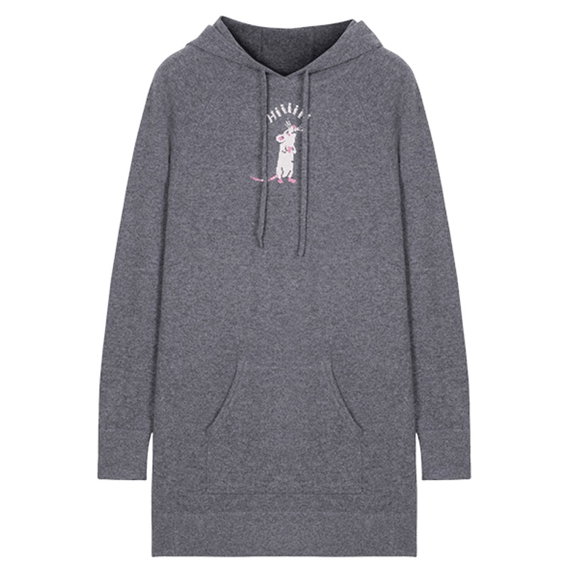 ERDOS 秋冬鼠年生肖衫带帽提花下摆插兜女羊绒连衣裙