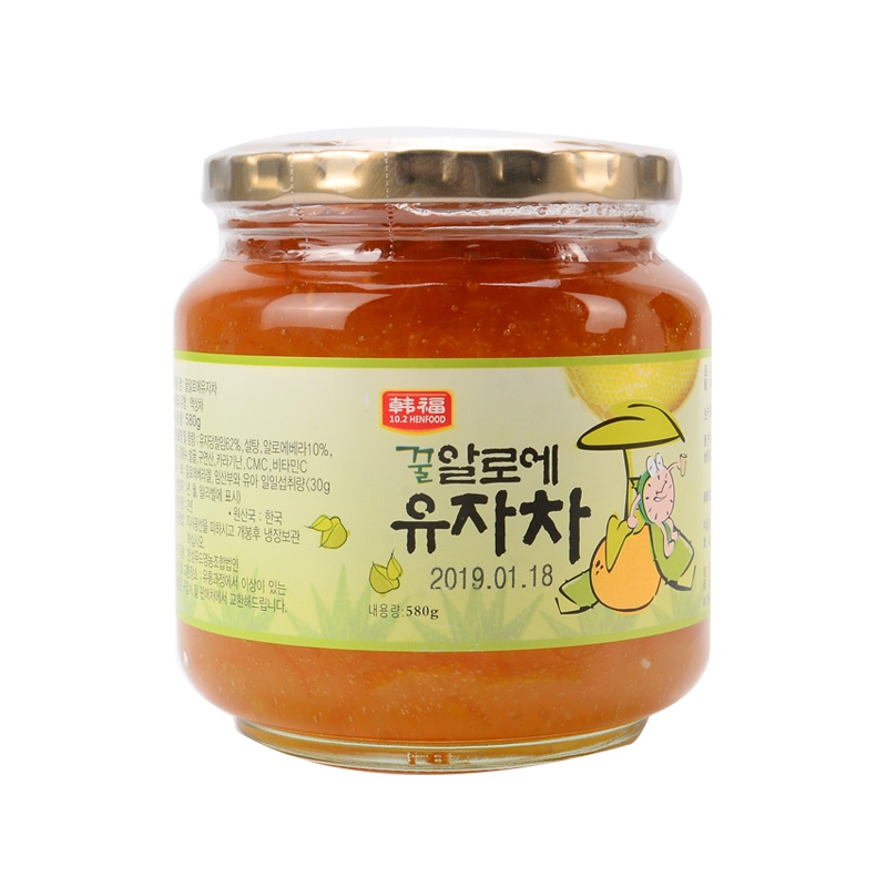 韩国原装进口 韩福10.2 蜂蜜芦荟柚子茶580g 冲饮罐装 果肉冲饮品果酱冲泡饮品 水果茶冲饮 芦荟味