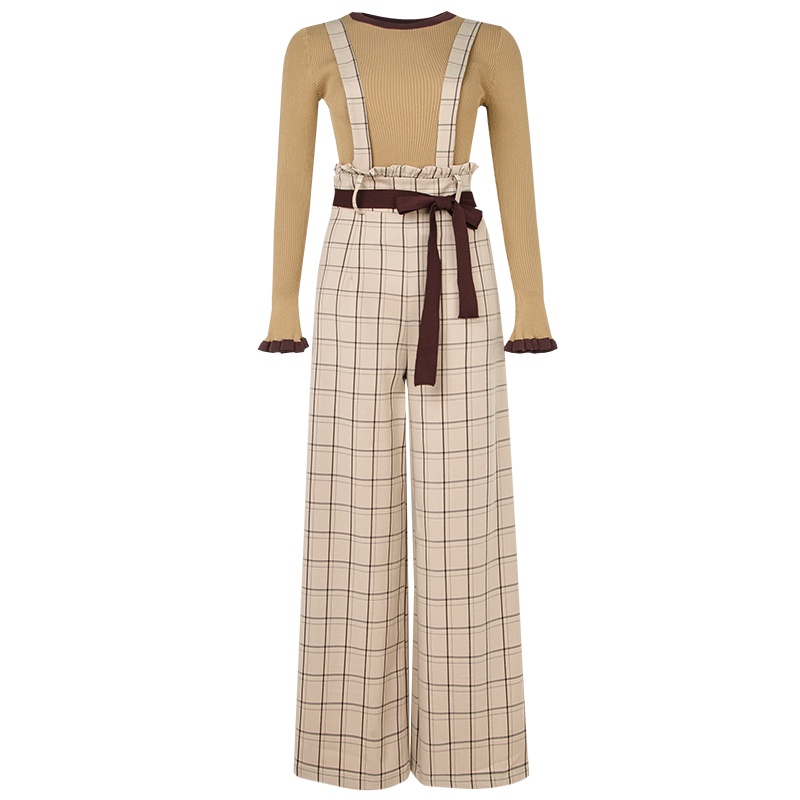 晚白2019新品时尚套装长袖职业针织衫背带格子阔腿裤两件套女