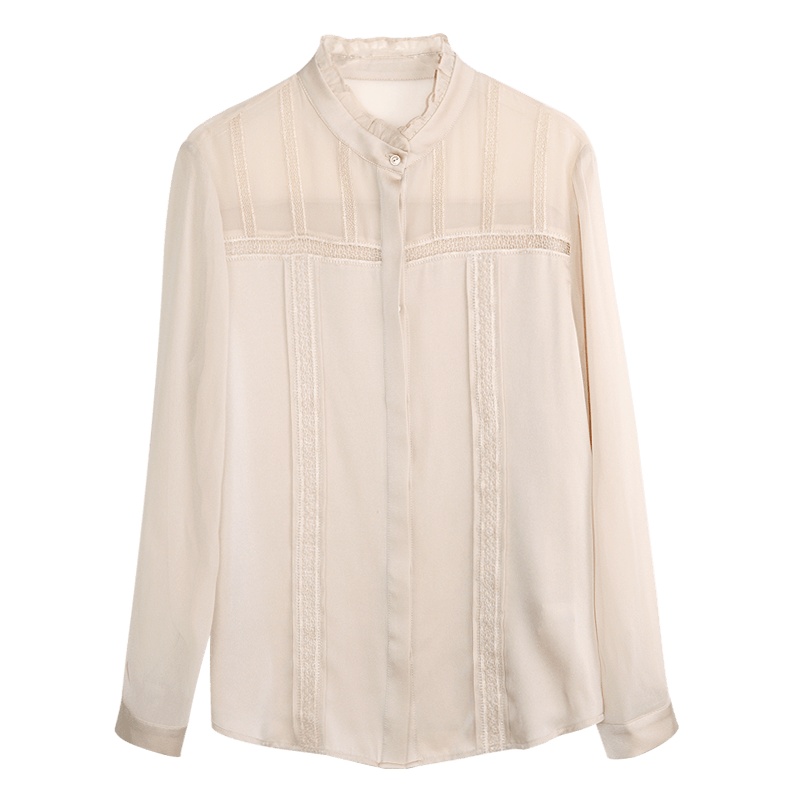 金菊真丝衬衫女2020春季新款蕾丝长袖气质衬衣洋气纯色上衣女