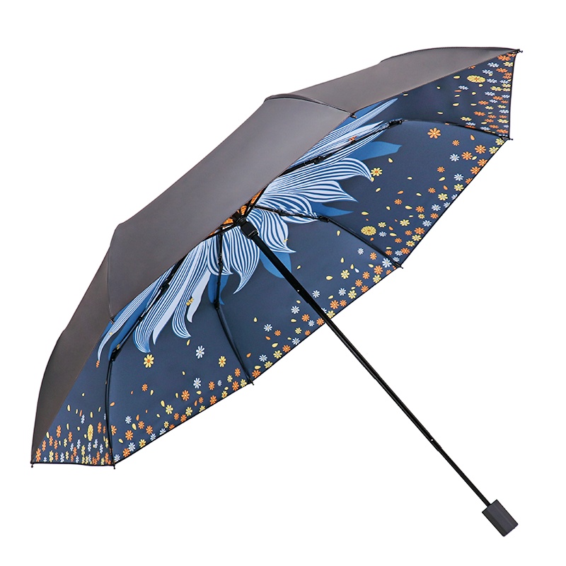 天堂伞 三折全遮光黑胶插画晴雨伞防紫外线太阳伞遮阳伞55cm*8骨 藏青 619E