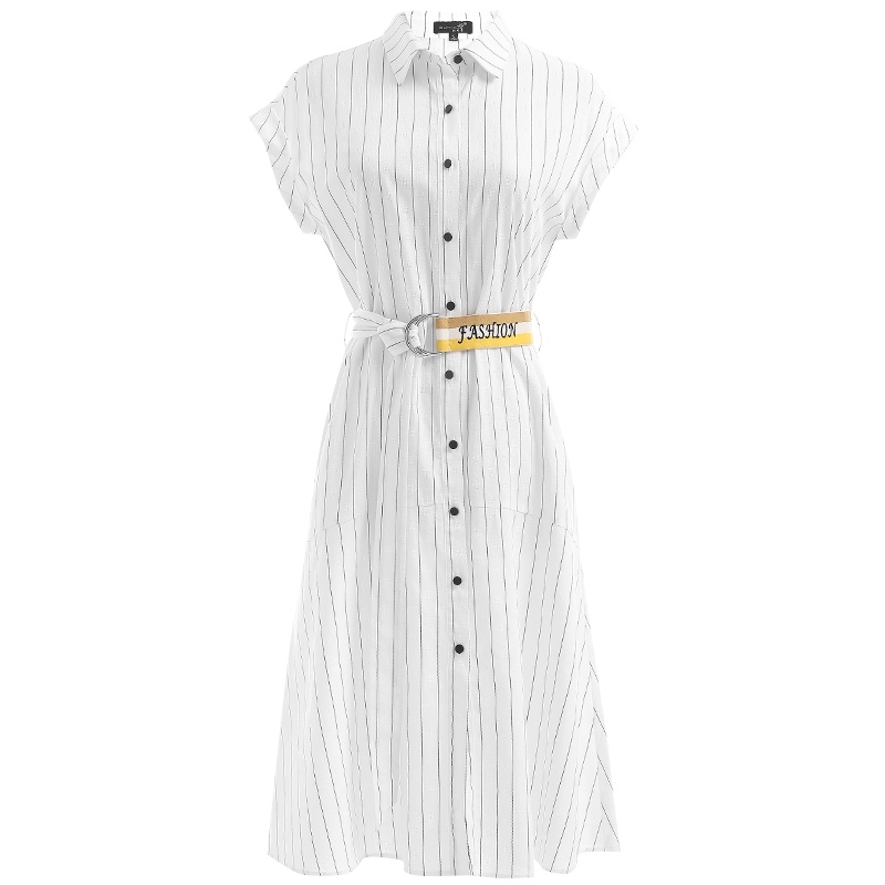 欧昵雪夏季气质短袖条纹收腰显瘦连衣裙女时尚衬衫裙