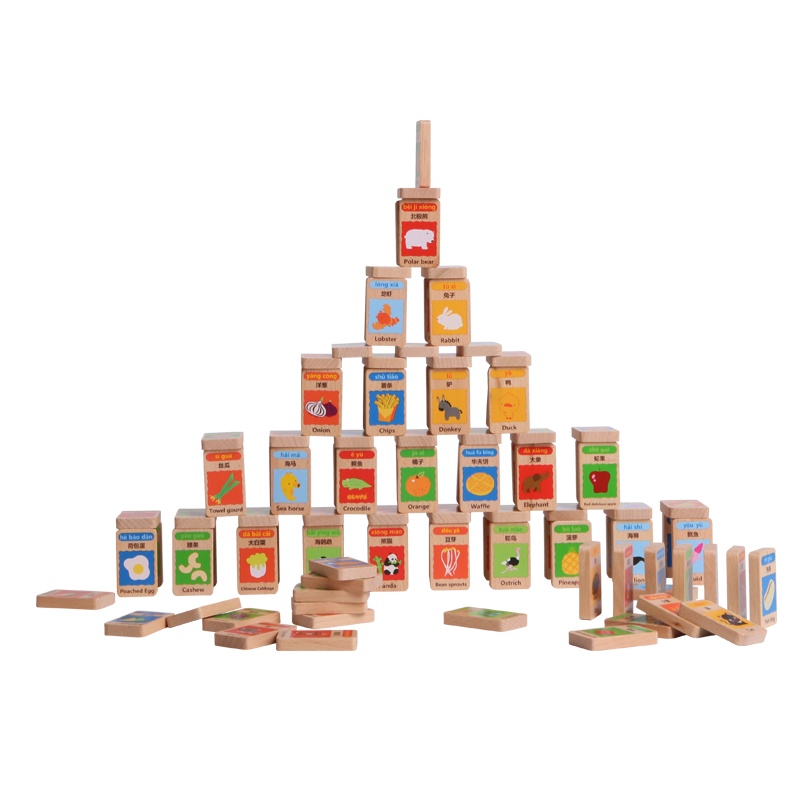 木玩世家儿童动物智力玩具学生认字积木男孩好动物食物多米诺