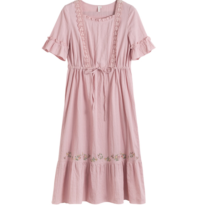 茵曼2019夏装新款甜美花边方领喇叭袖蕾丝绣花抽绳文艺连衣裙女