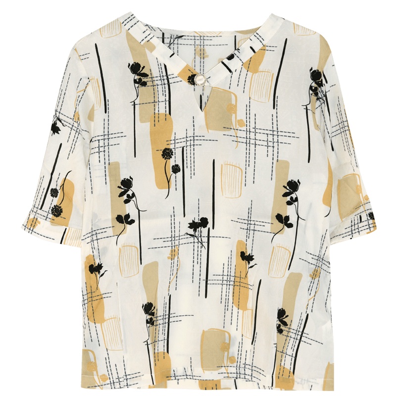 金菊2020夏季真丝T恤女短袖桑蚕丝气质上衣V领时尚宽松印花小衫