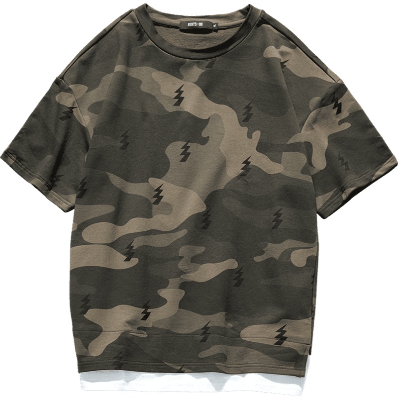 海德斯曼迷彩短袖男T恤欧美潮牌五分袖情侣款ins超火圆领宽松假两件半袖男20236
