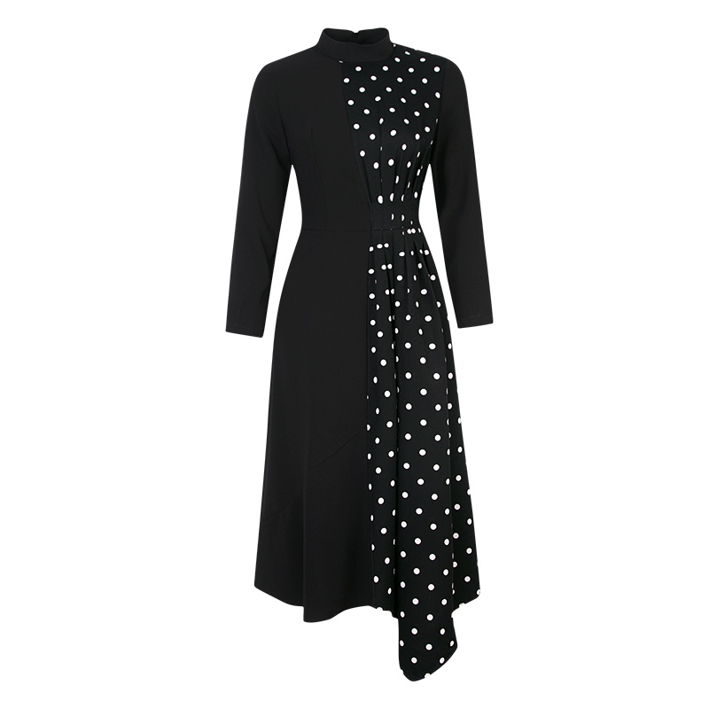晚白2019秋季新品复古波点圆领长袖收腰显瘦A字不规则裙连衣裙女