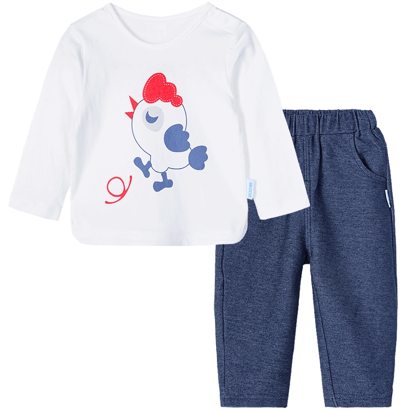 贝贝怡男童休闲套装长袖T恤仿牛仔裤儿童春装外衣两件装191T321