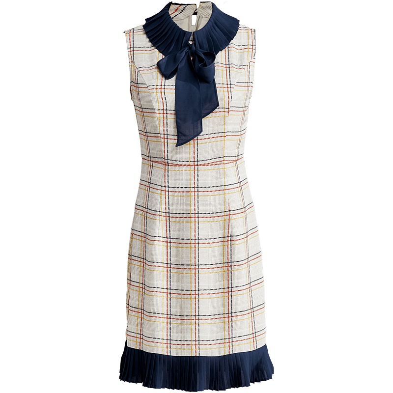 欧昵雪 夏风琴褶蝴蝶结系带拼接千鸟格修身包臀连衣裙女X