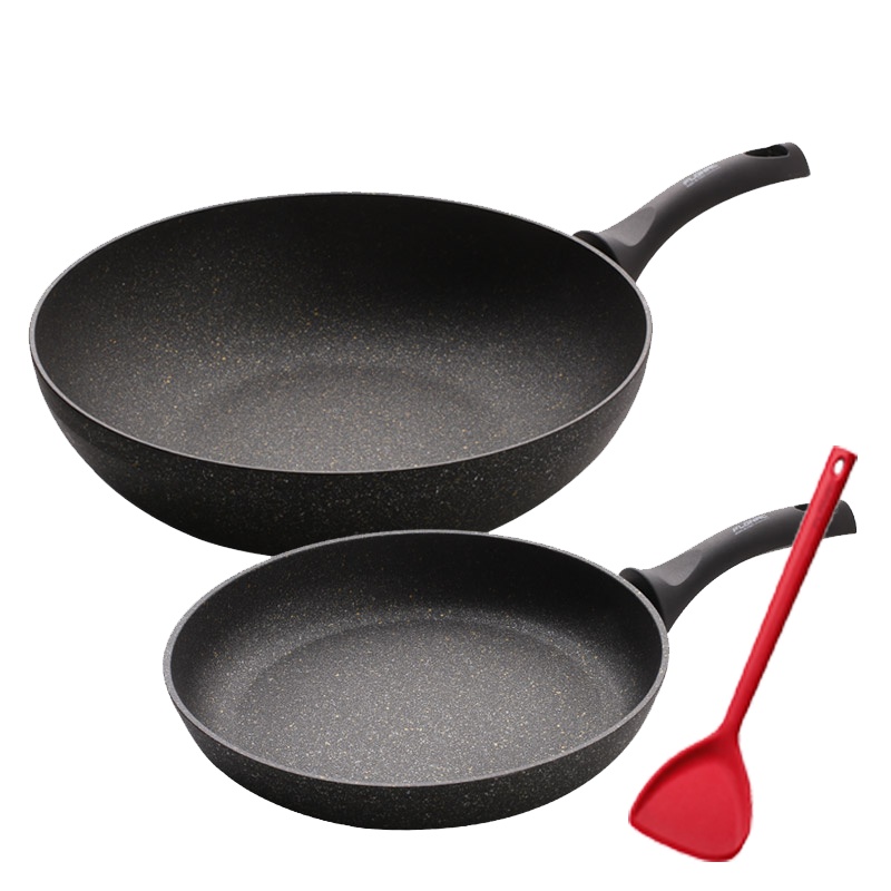 FLONAL意大利黑金火山岩不粘锅炒锅煎锅平底锅家用2件套装多用锅