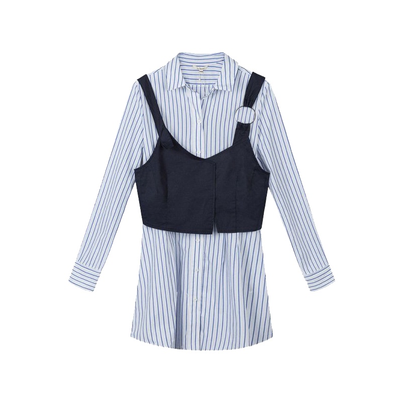 拉贝缇春季连衣裙套装新款时尚休闲显瘦小吊带外穿条纹衬衫短裙女60005901