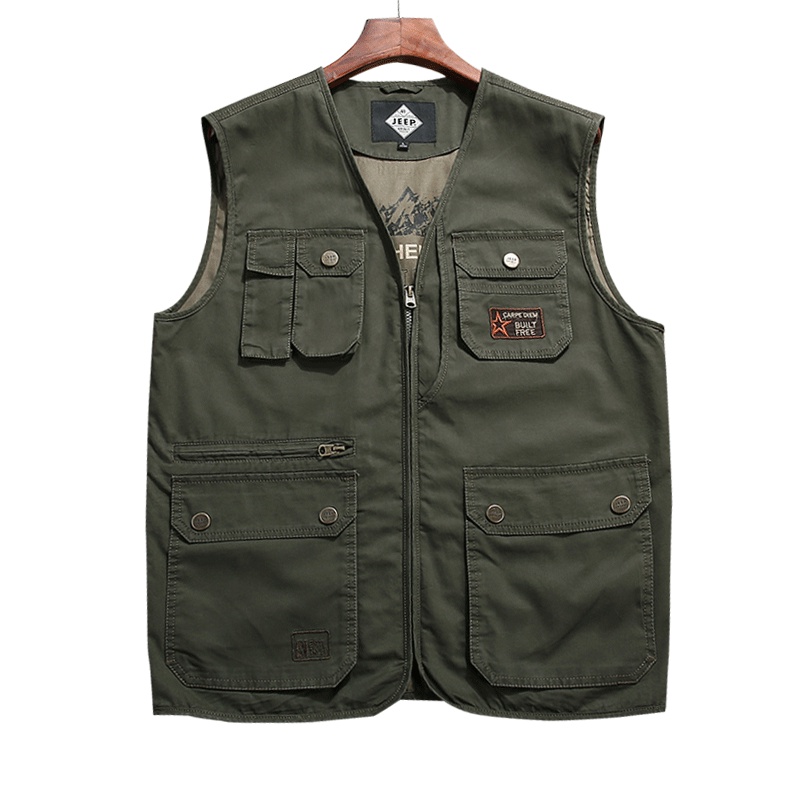 JEEP吉普2019春秋装马夹男士户外坎肩摄影钓鱼纯棉多口袋中老年男背心工装马甲短裤修身潮流男装