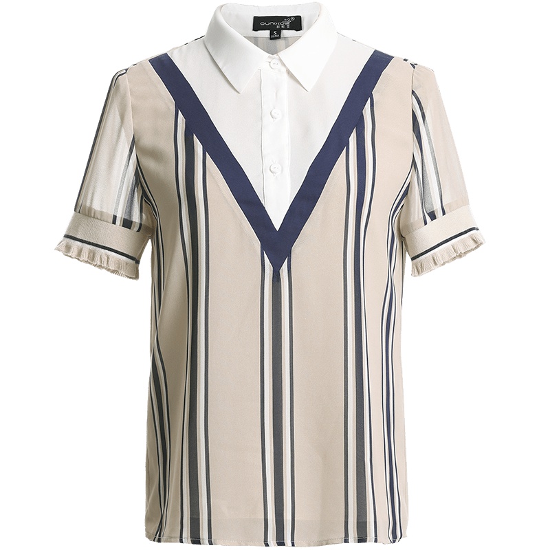 欧昵雪 夏OL翻领套头拼接条纹雪纺衫衬衫女木耳边短袖上衣X