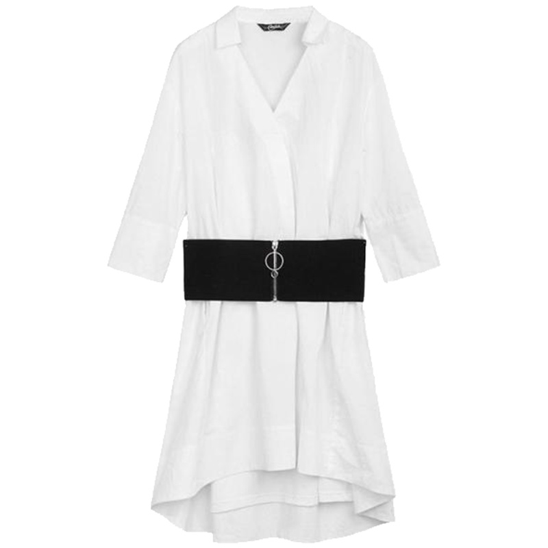 【热卖】白色连衣裙淑女气质高腰秋季新款时尚V领名媛宽松显瘦短裙子30081409