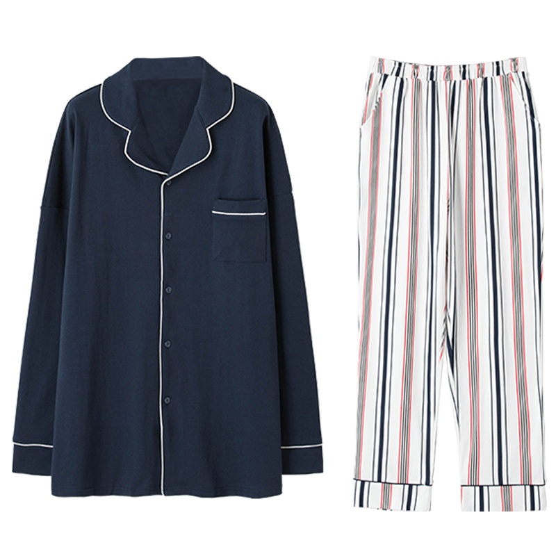 安之伴秋季纯棉素色印条国民领长袖男士家居服睡衣