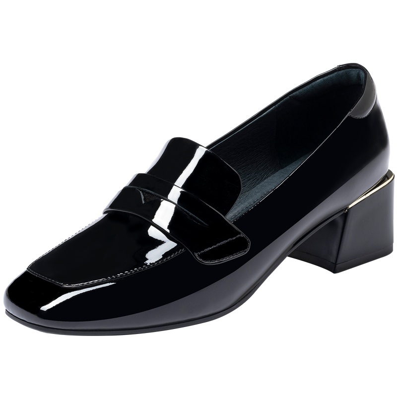 百田森乐福鞋女中跟秋季新款粗跟英伦风真皮方头一脚蹬单鞋女