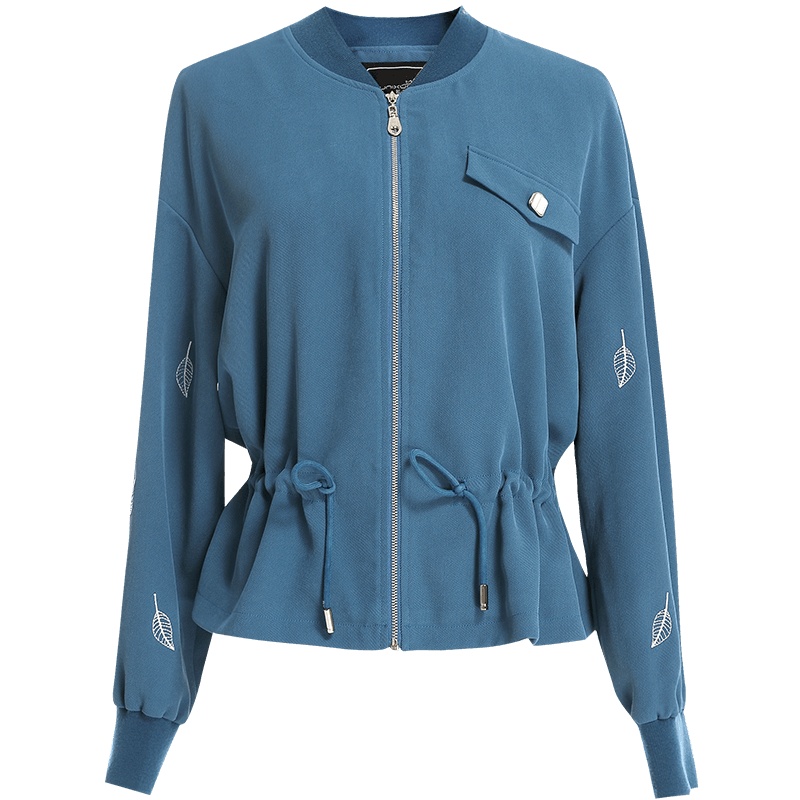 欧昵雪V领绣花长袖抽绳收腰短款外套女拉链棒球服