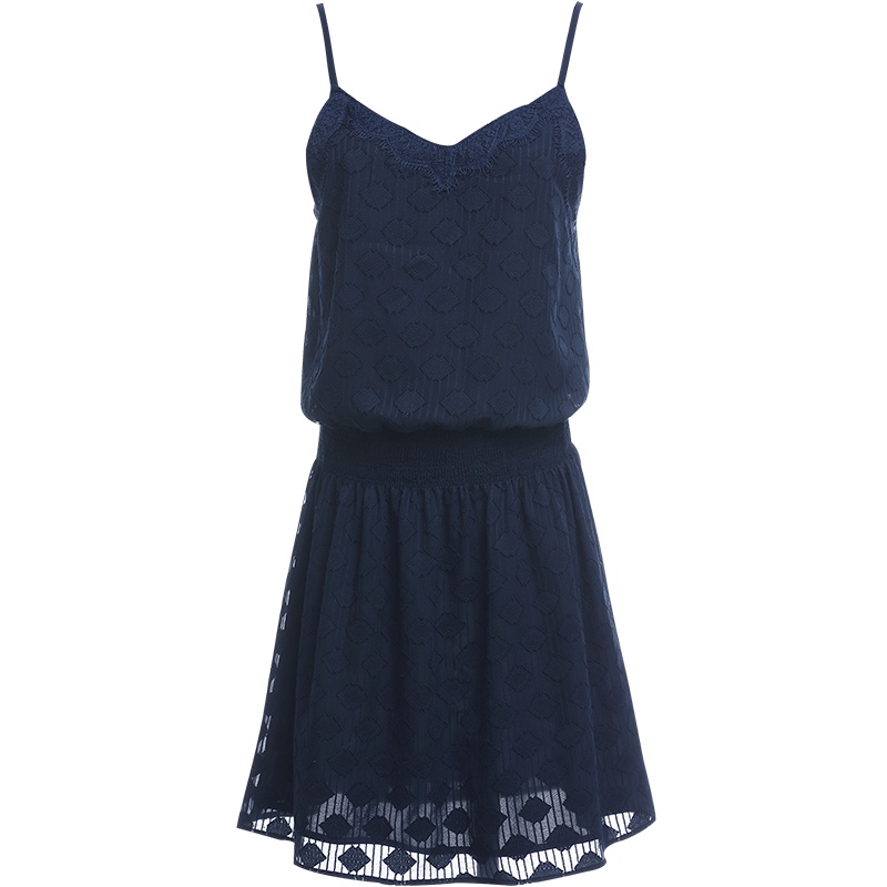 欧昵雪 夏蕾丝花边拼接无袖雪纺吊带连衣裙女遮肚子短裙X