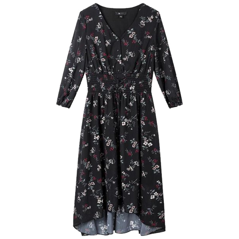 【热卖】7m时尚印花连衣裙女装长袖2019年秋冬新款韩版气质修身显瘦雪纺长裙70009976