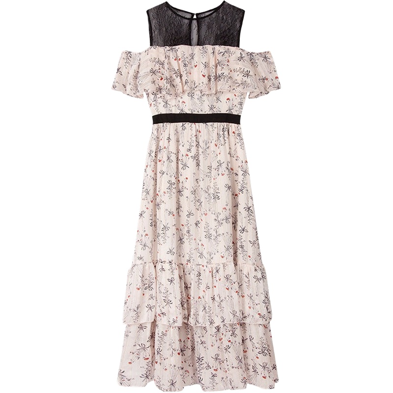 拉夏贝尔Puella夏季女装新修身显瘦韩版纱荷叶边中长款连衣裙女20012044