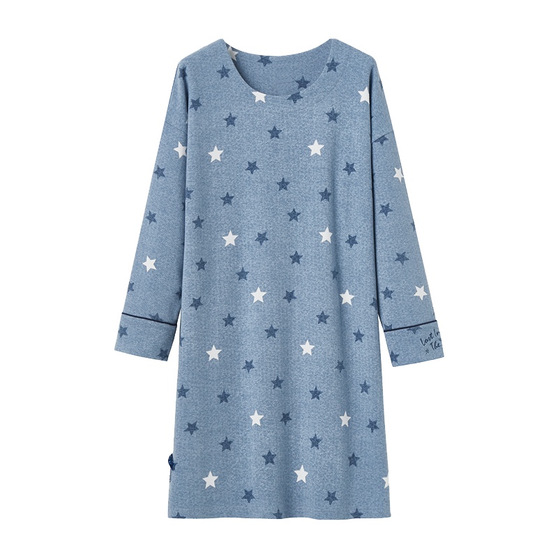 三枪睡裙女士秋冬磨毛弹力棉可爱星星印花袖口 圆领落肩家居裙 70376A9