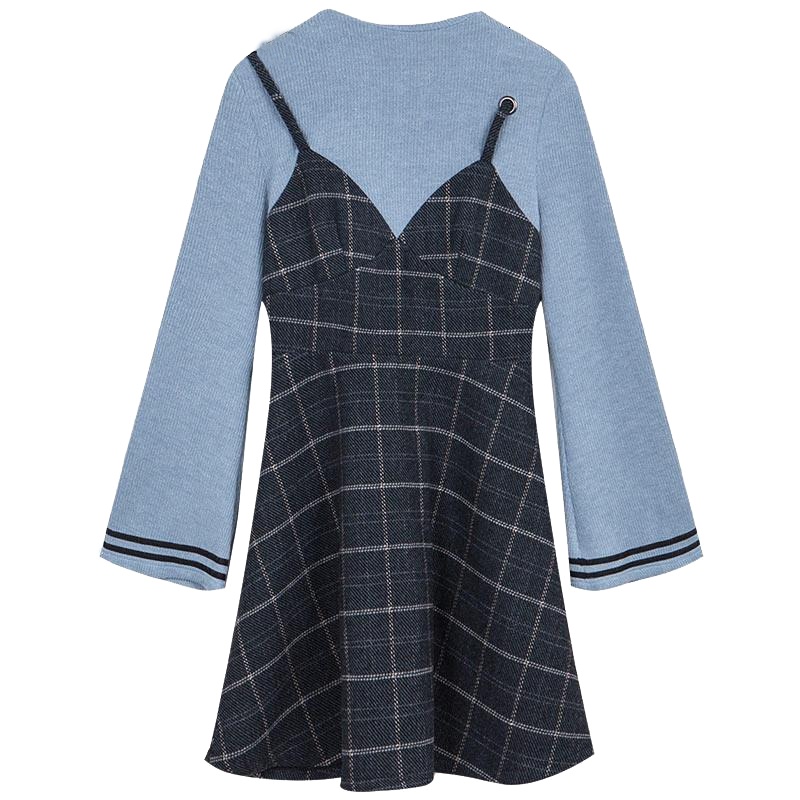 拉夏贝尔Puella秋装新款百搭气质显瘦假两件吊带连衣裙女2T011297