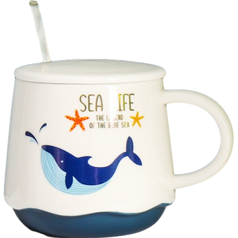贝瑟斯 海洋卡通可爱带盖勺陶瓷创意潮流家用牛奶杯陶瓷杯子马克杯水杯