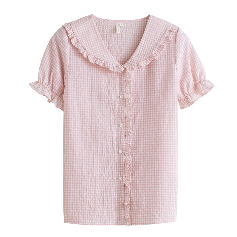 茵曼格子衬衫女2019夏装新款木耳花边翻领短袖小清新甜美少女上衣