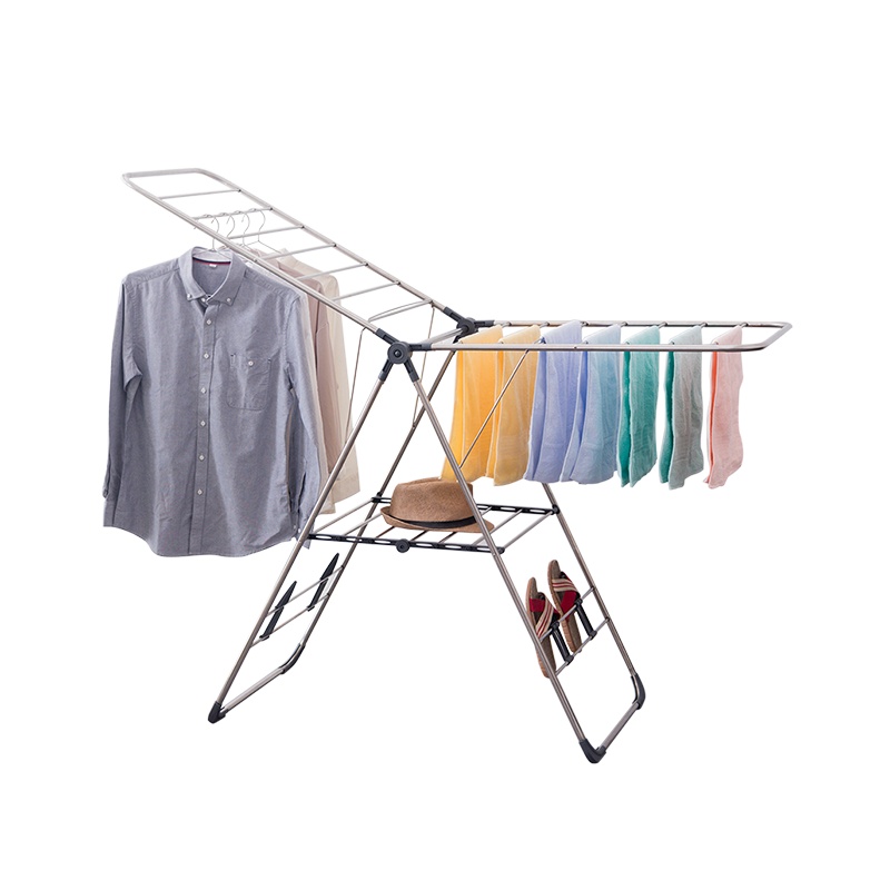 欧润哲 晒衣架 加粗加大不锈钢可折叠落地翼型多用途室内外晾衣架衣物晾晒架 灰色