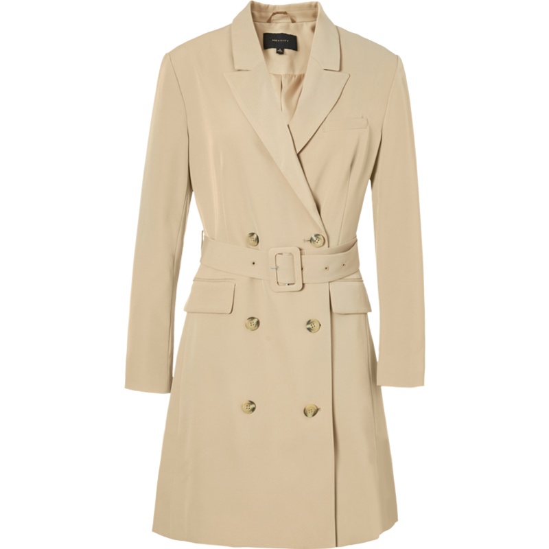 [2件2折价:107]MECITY女装秋冬新款休闲商务外套时尚双排扣系带外套大衣女