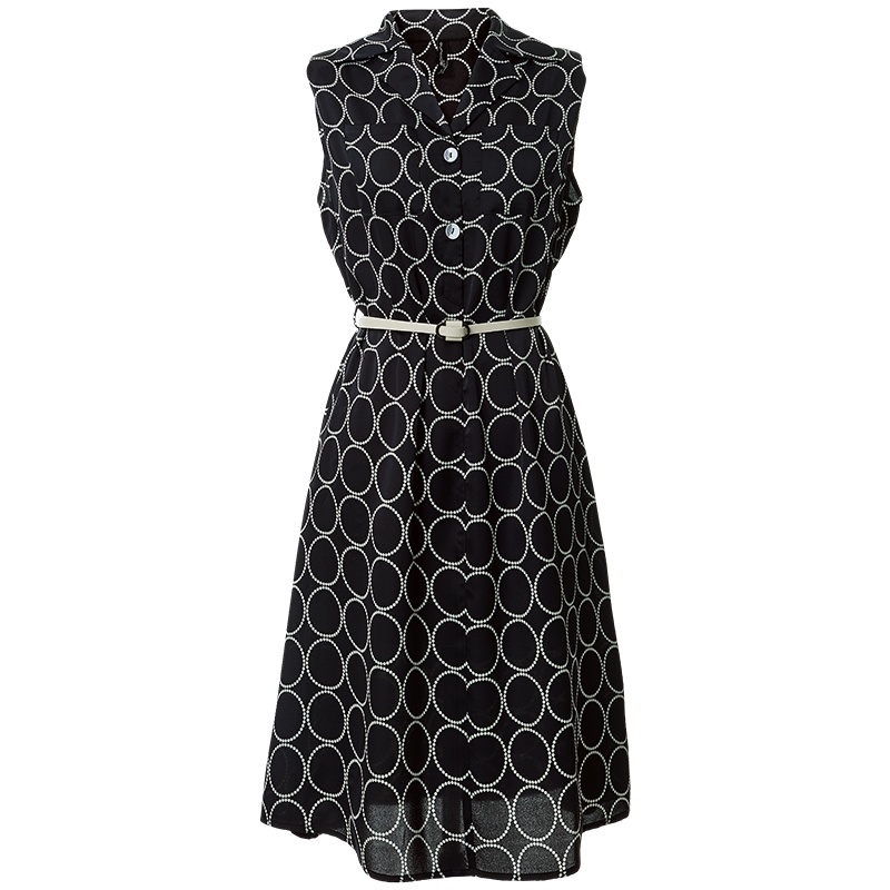 欧昵雪优雅气质A字裙夏季复古圆环印花翻领无袖连衣裙