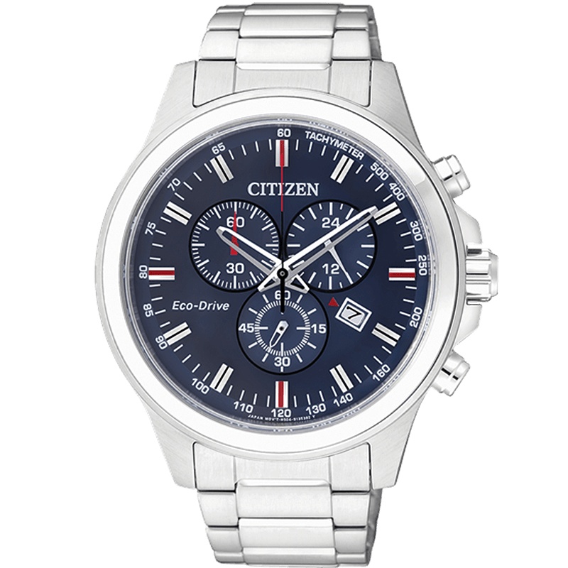 西铁城(CITIZEN)手表 光动能不锈钢带日历显示三眼指针休闲商务男表 蓝盘三眼分钟计时男表AT2310-57L