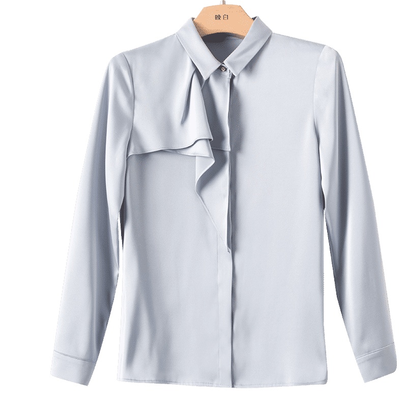 晚白2021春季新品通勤简约纯色翻领荷叶边长袖百搭职业衬衫衬衣女