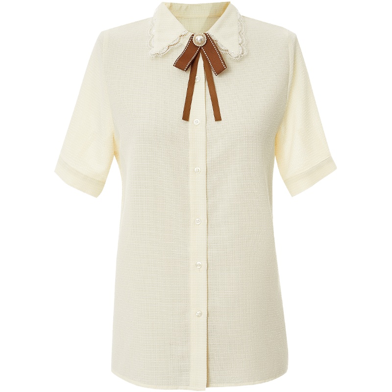 欧昵雪可拆卸领结夏季清新减龄花边拼接通勤短袖衬衫女