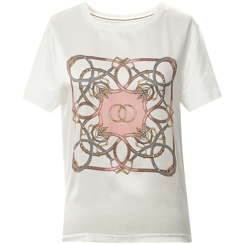 欧昵雪夏季套头圆领拼接真丝印花短袖T恤女ins桑蚕丝上衣