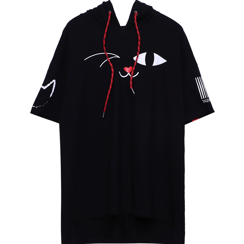 a02新款个性小黑印花宽松抽绳连帽卫衣女潮DTU2C0151KT